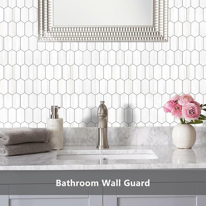 Vamos Tile Long Hexagon Peel and Stick Backsplash Tile - 10 Sheets Stick on Backsplash for Kitchen and Bathroom 12.4 x 12 Inch Dolomite Marble Look PVC Self Adhesive Mosaic Wall Tiles - Image 6