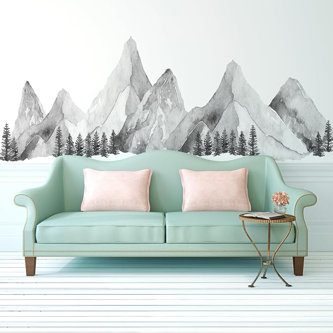 Large Mountain Wall Decals, Gray Pine Tree Peel and Stick Vinyl Wall Stickers & Murals, Removable Home Room Wall Decor for Bedroom Living Room Bedroom Classroom Office Nursery by Kingarch