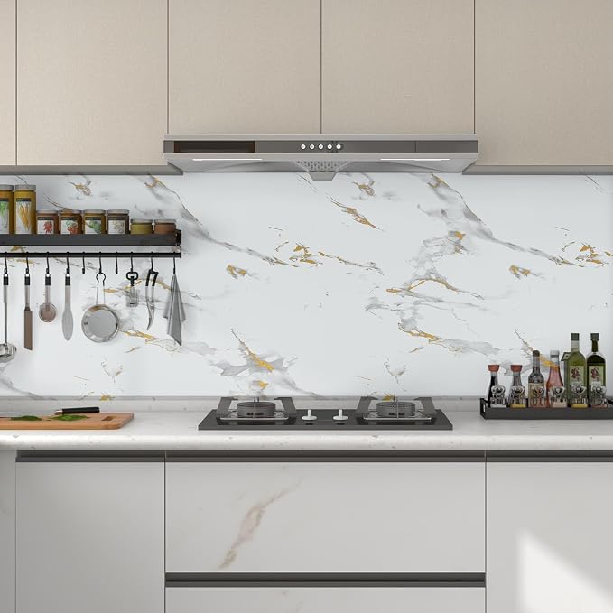 Marble Contact Paper Gold Peel and Stick Wallpaper for Kitchen Countertop | 11.8" x 78.7" Glossy White Granite Removable Wall Paper for Kitchen Countertop Cabinet Furniture - Image 7