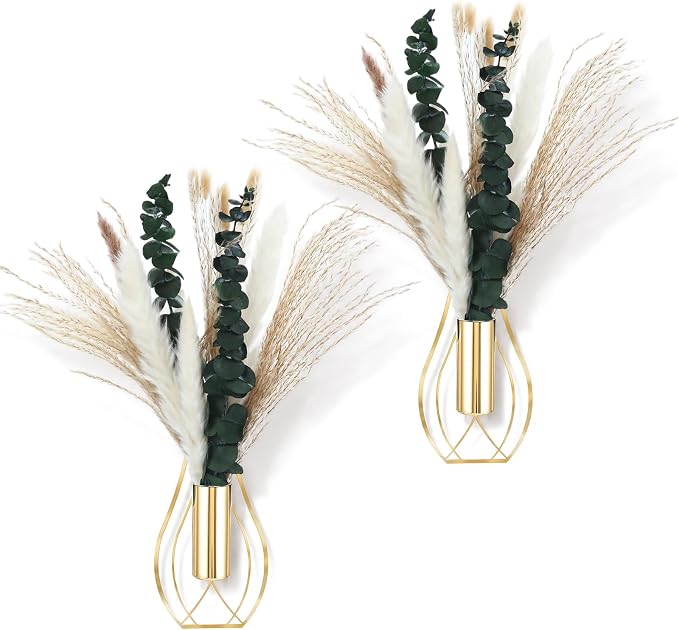 Otoolling Boho Wall Decor Set of 2 – Metal Hanging Wall Art with Faux Pampas or Eucalyptus,Minimalist Bohemian Accent for Living Room, Bedroom, Entryway(Gold,Pampas,Eucalyptus) by Otoolling