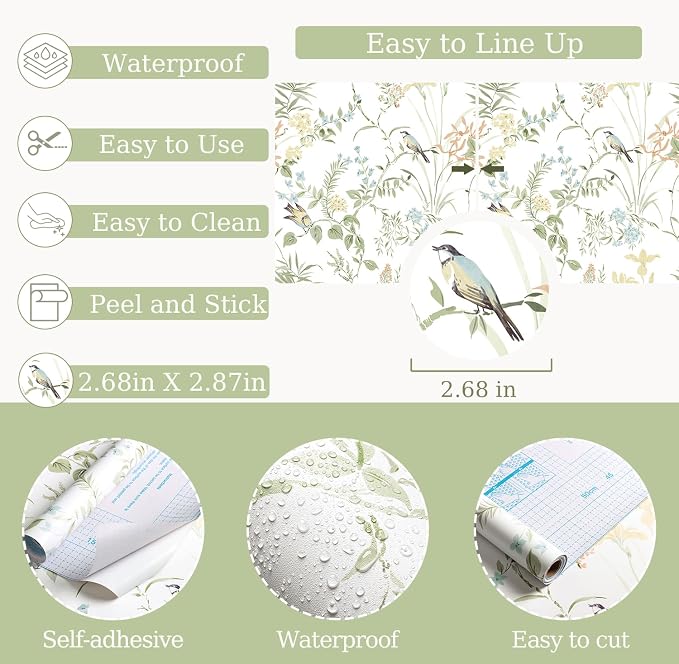 Erfoni Boho Floral Peel and Stick Wallpaper Green Floral Birds Wallpaper | 16.9" x118" DIY Self Adhesive Removable Wallpaper for Livingroom Cabinet Decor Modern Flower Leaf Contact Paper Vinyl Roll - Image 5