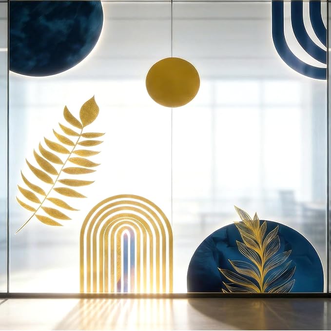Boho Mid-Centry Morden Abstract Arch Palm Leaf Geometric Wall Decals Decor | Luxury navy blue gold abstract palm leaves botanical circle removable vinyl wall stickers mural for living room bedroom - Image 5