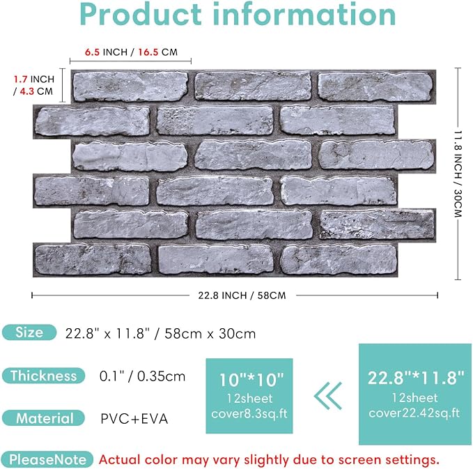 Commomy Faux Brick 3D Wall Panels,Thin UrltraLight PVC - 12 pcs | Thin UrltraLight PVC Wall Stickers Brick Peel and Stick Tile for TV,Bedroom, Living Room（Covers 22.48 sq.ft） - Image 6