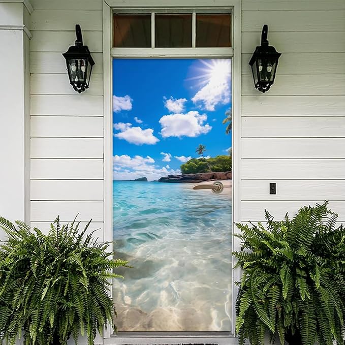 REDAMANCY Sunshine Island Beach Seashore Landscape Peel and Stick Door Stickers Vinyl 3D Door Mural Decals Decor Modern Door Wallpaper Self-Adhesive, Waterproof, Removable - Image 5