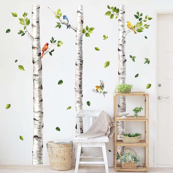 68.5" Large Birch Tree Wall Decal White Aspen Tree Birds Wall Stickers Peel and Stick Birches Wall Art Decor for Bedroom Living Room Office Baby Nursery(H 68.5" x W 65.4") | White Tree Animals Forest Bird Leaves Decorative Wall Stickers for Kids Baby B... - Image 2