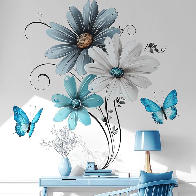 Rustic Floral Flower Blue White Daisy Butterfly Wall Decals Decor Stickers | Modern farmhouse peel and stick wall mural decoration, removable vinyl decor art for bedroom living room classroom office - Image 5
