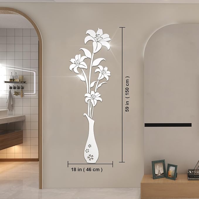 HNVNER Mirror Wall Decals - 3D Flower Wall Stickers Murals for Living Room Bedroom,DIY Walls Decor for TV Background and Sofa Backdrop (L, Mirror Silver) - Image 2