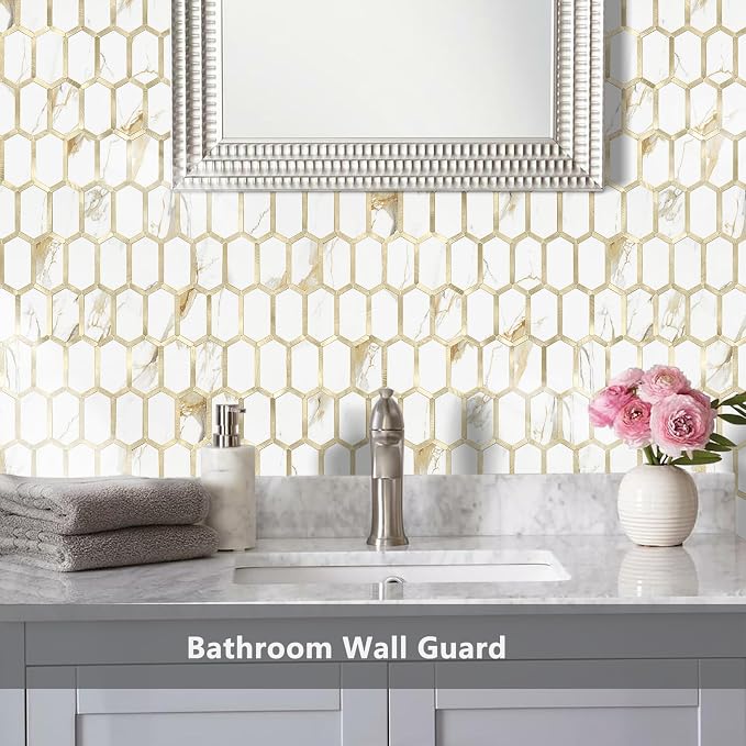 Vamos Tile Long Hexagon Peel and Stick Tile Backsplash - 10 Sheets Stick on Backsplash for Kitchen and Bathroom Calacatta Gold Mixed Metal Light Gold PVC Self Adhesive Mosaic Wall Tiles(Seamless) - Image 6