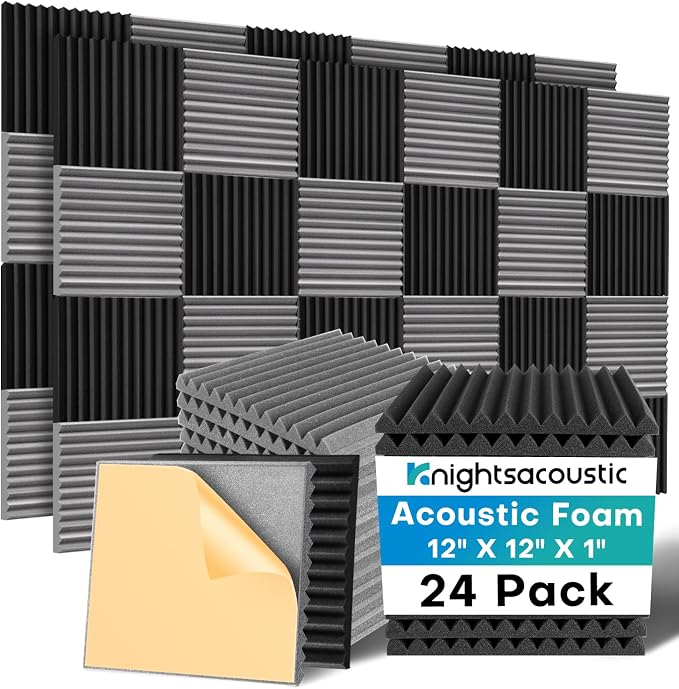 Knightsacoustic 24 Pack Sound Proof Foam Panels with Self Adhesive, 12x12x1 Fire Resistant Acoustic Foam Panels, High Density Acoustic Panels Sound Absorbing, Studio Noise Cancelling Black Grey by Knightsacoustic