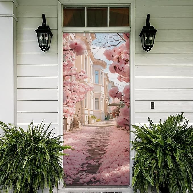 REDAMANCY Pink Cherry Flower Blossom Pathway Landscape Peel and Stick Door Stickers Vinyl 3D Door Mural Decals Decor Wallpaper Self-Adhesive, Waterproof, Removable - Image 5