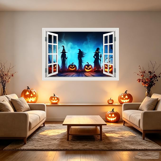 Halloween Fake Window Wall Decals Creepy Three Witches Pumpkin Art Sticker | ｜Faux Window Terror Spooky Ghosts Mural ｜ Stick and Peel Wall Decal｜for Halloween Home Scene Decor｜48"x32",Set of 2 Sheets - Image 4