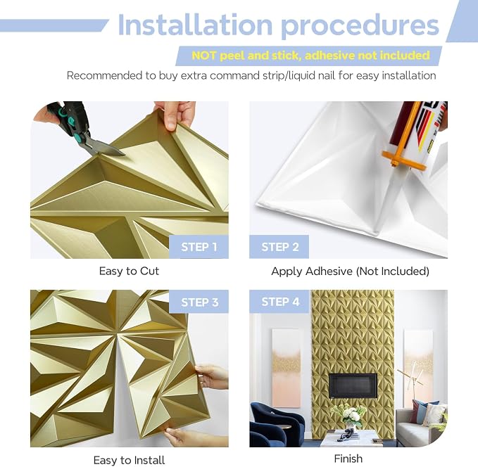 STICKGOO 3D Wall Panels Diamond, Champaign Gold, 12''x12'', 33 Pack | PVC Accent Wall Panels for Interior Wall Decor, Living Room, Bedroom, TV Background, Lobby, Cover 32.Sq.Ft - Image 7
