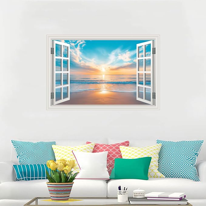 Large Murals 66"x48" Fake Window Wall Mural Ocean Beach Seascape Faux Window Wall Cling Art Picture Office Poster Coastal Decals Decor, Stick and Peel Landscape Natural Scenery Sunset Coastal Scene - Image 3