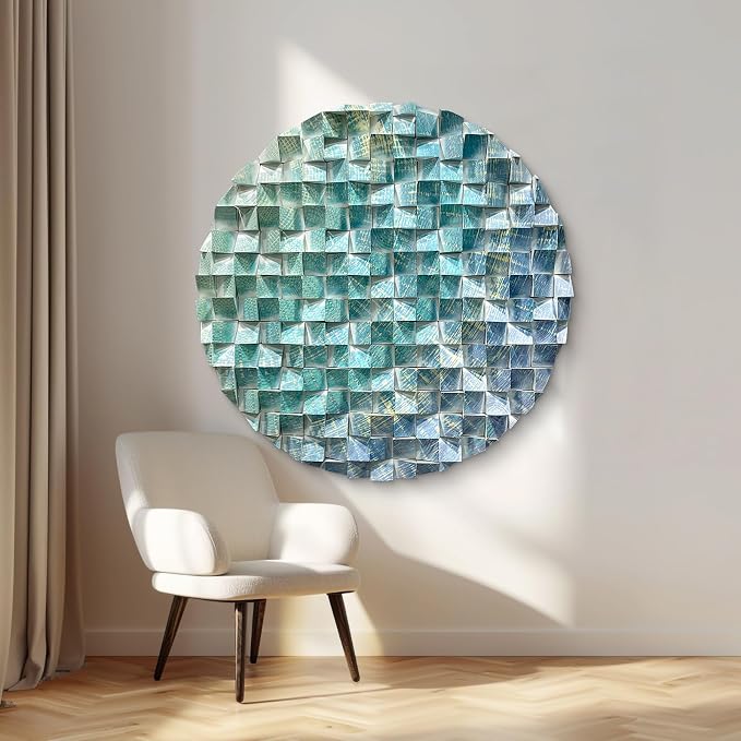 LIUZEYUE - Large blue-green-gold patterned triangular wooden block wall art piece. Modern living room eye-catching wooden decorative item 47.2" - Image 5