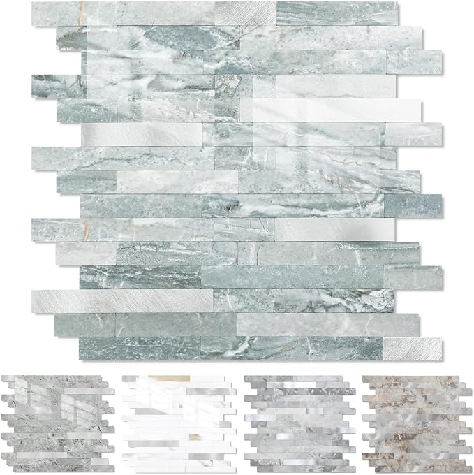 Yipscazo 1 Sheet Peel and Stick Stone Metal Tile Backsplash, Stick on Tiles for Backsplash Kitchen, Bathroom, Laundry Room, Camper, Fireplace (12'' X 12'', Polished Cyan) by Yipscazo