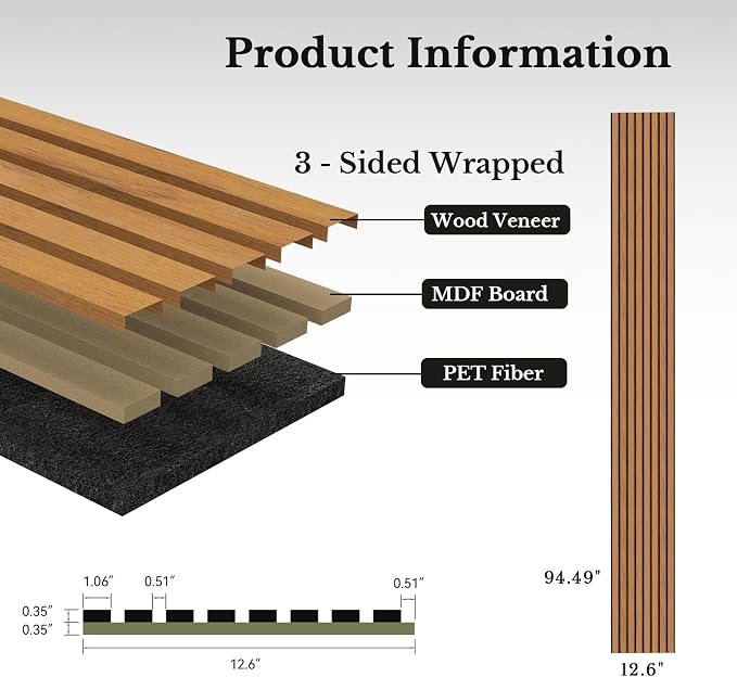 MISSDAY Wood Slat Acoustic Wall Panels, 4 Packs 94.5" x 12.6" Teak Soundproof Panel For Interior Wall Decor Noise Absorbing-3D Textured Wooden Panel Sound-Absorbing for Home, Office, Studio - Image 6