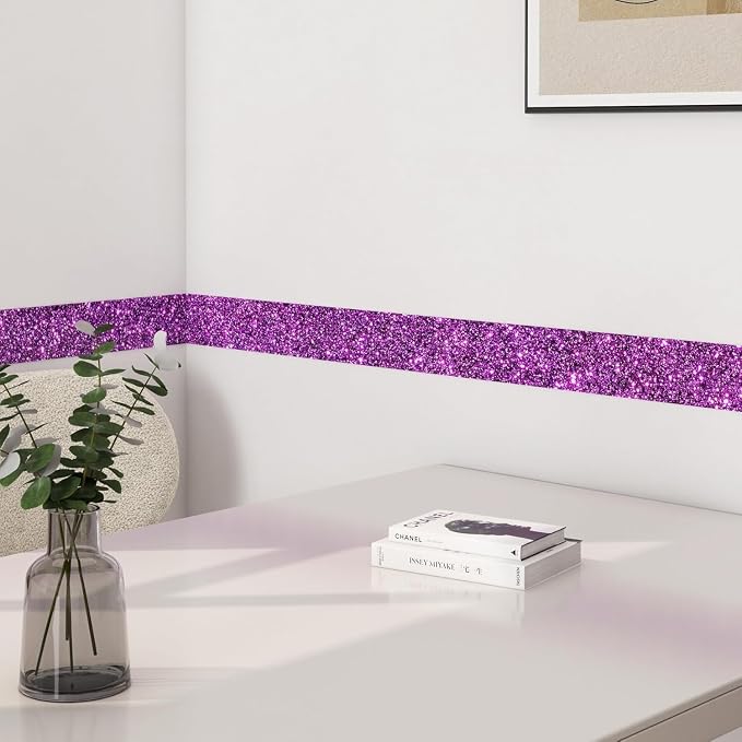 FunStick 3.9"x472" Violet Purple Glitter Wallpaper Border Wall Paper Borders Peel and Stick Modern Mirror Borders for Bathroom Waterproof Glitter Contact Paper for Bedroom Wallpaper Border Sticker - Image 6