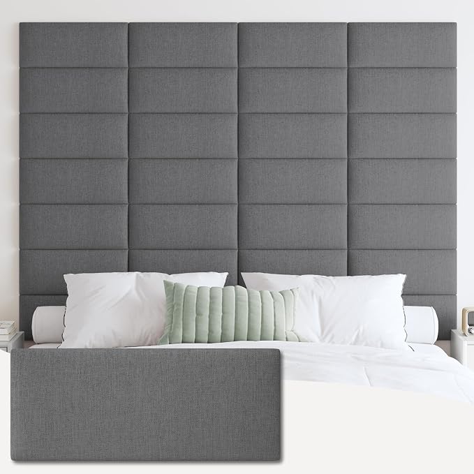 IFNOW Wall Mounted Headboard, Peel and Stick Panels, Dark Grey, King | 3D Soundproof Acoustic Padding, Reusable and Removable, Tufted fabric Bed Headboard, for bedroom (12 Panels, 10" x 24") by IFNOW