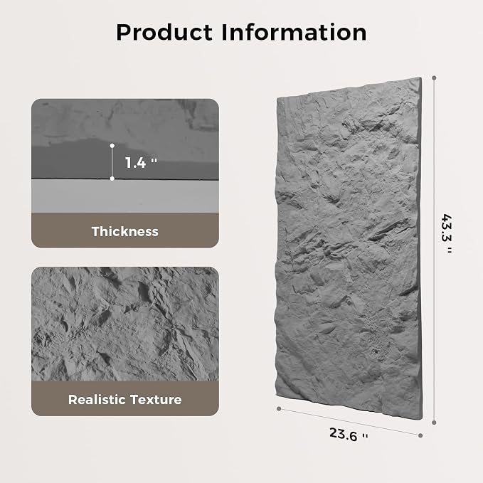 Faux Stone Wall Panel 43.3''x23.6'', Mountain Rock Design, Cement | 4 Pack PU Stone Wall Panels for Interior Wall Decor, Bedroom, Living Room, Office - Image 2