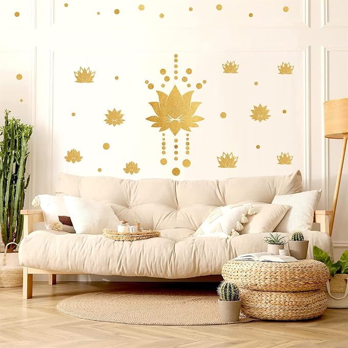 Lotus Flower Wall Decals Golden Wall Stickers Modern Yoga Room Art Sticker | Lotus wall art decor, peel and stick, gold removable vinyl art mural, mandala decoration, for bedroom living room nursery - Image 4