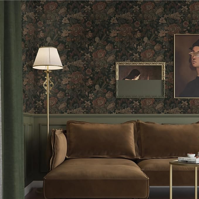 Dimoon Vintage Peel and Stick Wallpaper Dark Green Floral Wall Paper 16.1"x787" Retro Victorian Moody Wallpaper Renter Friendly Dark Floral Gothic Contact Paper for Bedroom Shelf Liner Vinyl Roll - Image 2