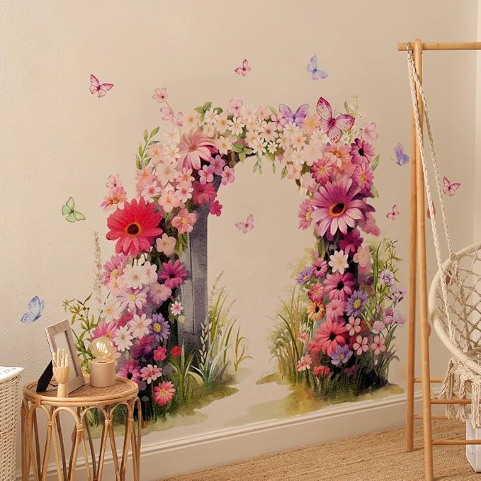 Floral Arch Wall Decal - Romantic Garden Arch Wall Stickers with Pink Flowers and Butterflies, Peel and Stick Removable Wall Mural for Bedroom, Living Room, Nursery, Girls Room Decor - Image 3