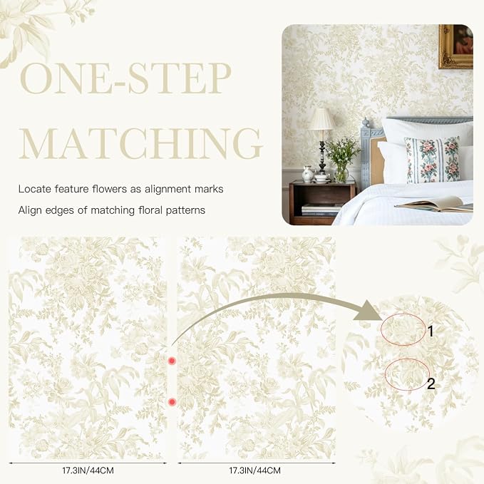 Heroad Beige Floral Wallpaper Peel and Stick Wallpaper 17.3''x385'' | Flower Contact Paper Removable Wall Paper for Cabinets Bedroom Bathroom Stick on Walls Papel Tapiz para Pared - Image 4