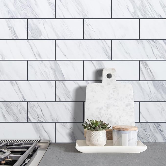 AULIGET 6" x 12" White Marble Peel and Stick Backsplash Wall Tiles, PVC Faux Stone Stick on Tiles for Backsplash Kitchen, Bathroom, Laundry Room, Camper, Fireplace (Pack of 20) - Image 4
