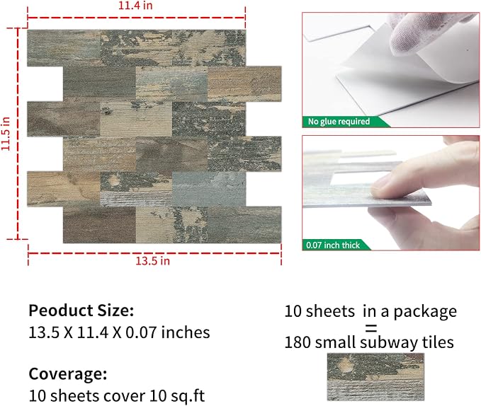 DEWOO Peel and Stick Wall Tile Kitchen Backsplash Self Adhesive 10 Sheet | Distressed,PVC,Rustic,Faux Wood, Country,Farmhouse,13.5" x 11.4" - Image 6