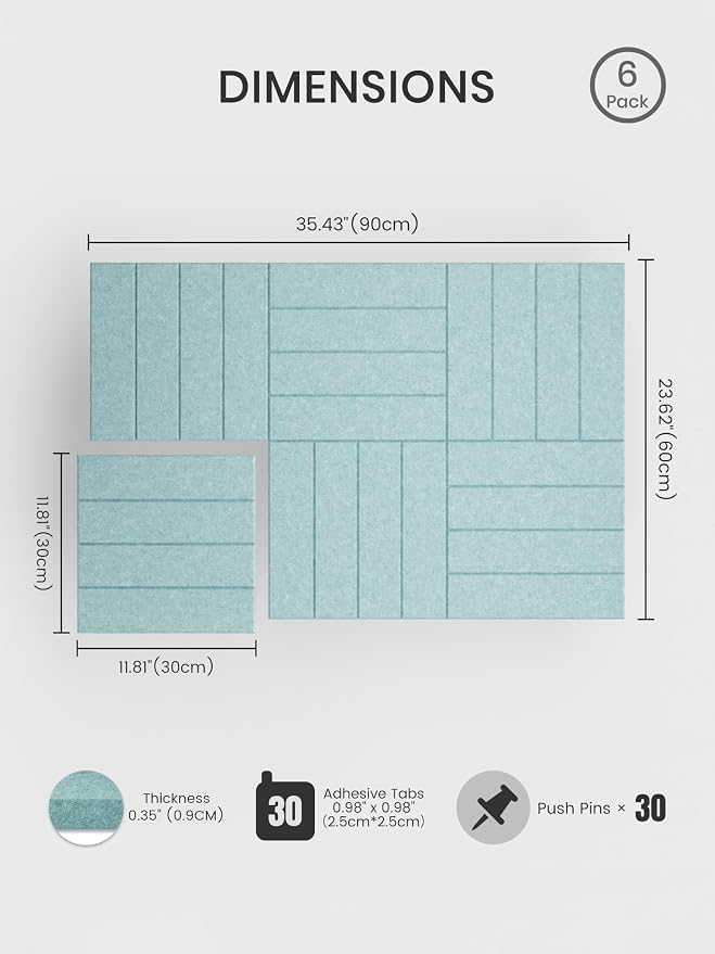 Bumusty 36"x 24" Large Felt Bulletin Board Tiles, Aqua Blue | 6-Pack Cork Board Alternative, Wall Decor, 30 Pushpins, 30 Adhesive Tabs, Vision Board, Office, Classroom, Home, Dorm - Image 2
