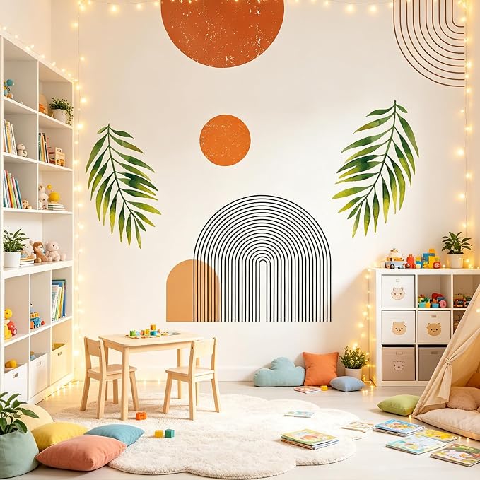 Boho Mid-Century Geometric Arch Palm Leaf Removable Wall Decor Sticker Art | Peel and Stick Archs Sun Vinyl Wall Stickers, Removable Leaves Plants Home Decor for Bedroom Living Room Classroom Office - Image 6