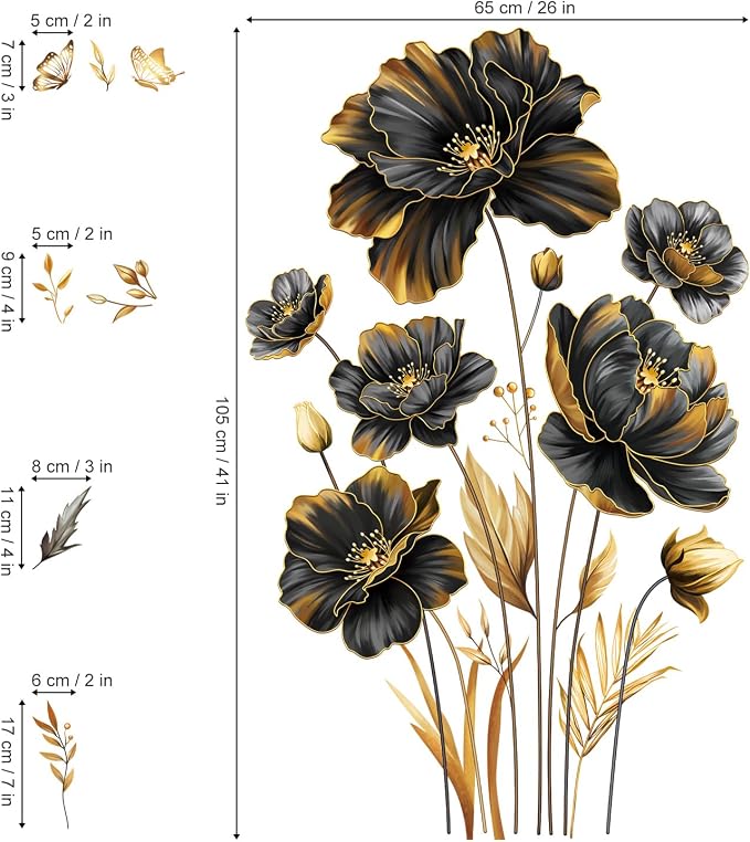 decalmile Black Gold Flower Leaves Plants Floral Wall Decals Stickers - Image 4