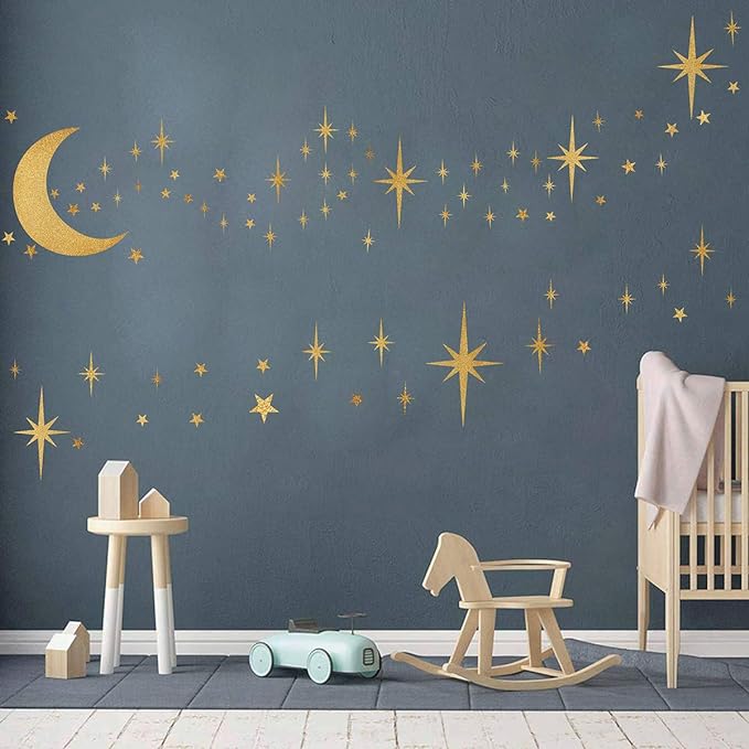 Retro Starburst Wall Decals Stars Wall Sticker Star Moon Vinyl Decal Golden | Celestial decor, sparkle wall stickers decoration, peel and stick, removable art mural, for girls bedroom living room nursery by Easma