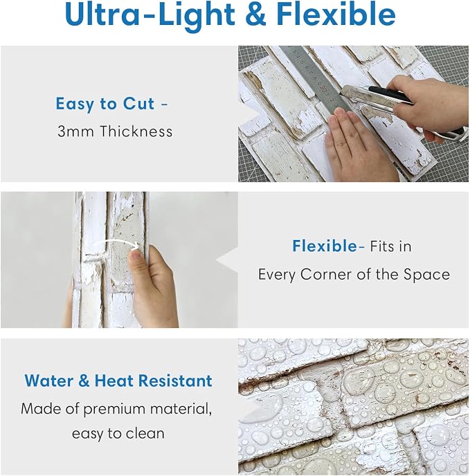 COMSTICKC 3D Faux Brick Wall Panels Peel and Stick, 10 Pcs 11.8" x 11.8" | Retro White, Not Real Brick, Small Size, Ultra-Light PVC Sticker, Fake Brick Decorative Tiles for DIY Decor, Cover 9.7 sq ft - Image 5