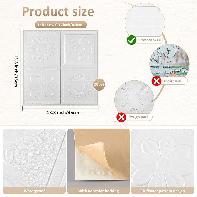 Nuanchu 20 Pcs 13.8 x 13.8 Inch Ceiling Tiles Peel and Stick, Fresh | Foam White 3D Wall Panels 26-105.5 Sq. ft Adhesive Glue up Waterproof Wallpaper for DIY Office Home - Image 2