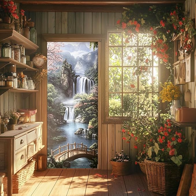 arricraft 2 Pcs Self-Adhesive Door Sticker, 31.5"x78.7" Mountain and Waterfall Pattern Door Murals Stickers PVC Door Removable Wallpaper Decoration for Bedrooms ​Living Room - Image 6
