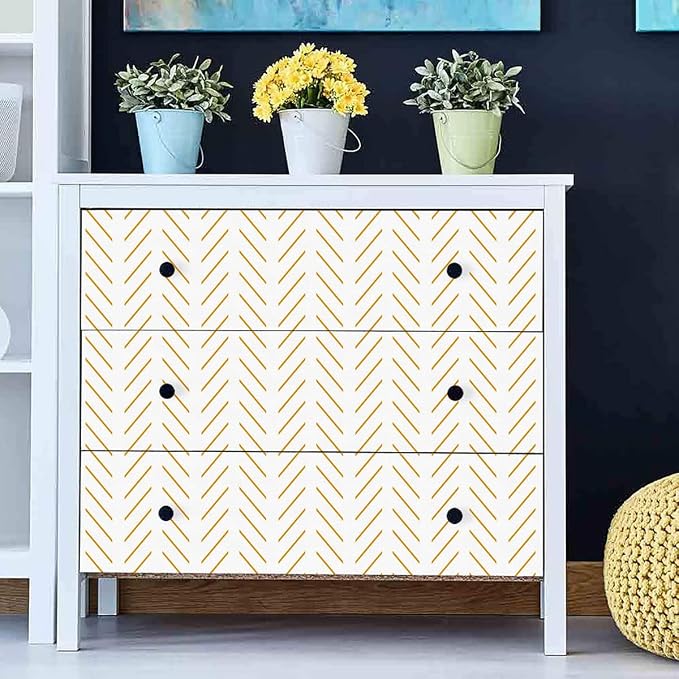 Erfoni Yellow White Peel and Stick Wallpaper Modern Herringbone Wallpaper | 17.7in x 196.8in Geometric Removable Contact Paper Bathroom Peel and Stick Self Adhesive Cabinets Wallpaper Waterproof - Image 3