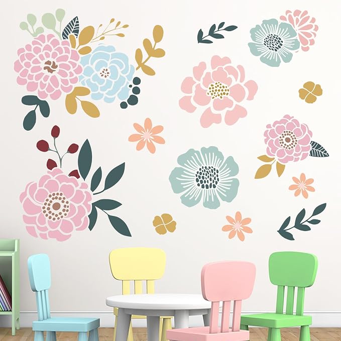 Floral Wall Decals Peel and Stick Flower Wall Stickers Removable Nursery | Decor for Girls Room Bedroom Baby Boho Pink Blue Watercolor Flowers Murals for Kids Playroom Living Room by Mfault