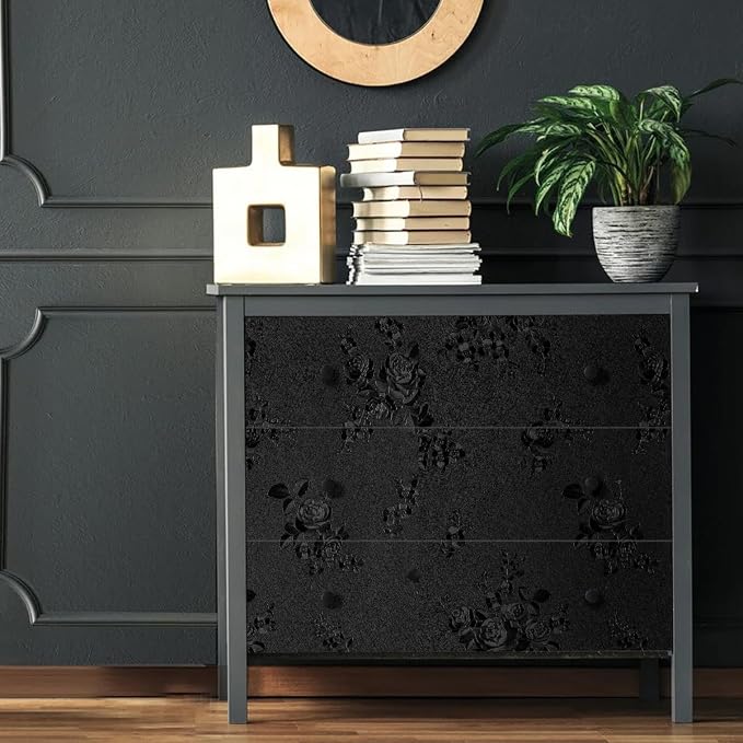 Black Peel and Stick Wallpaper Floral Black Wallpaper 18in x 118in | Embossed Flower Contact Paper Textured Self Adhesive Paper for Cabinets Bathroom Dark Floral Removable Waterproof Decor Vinyl - Image 5