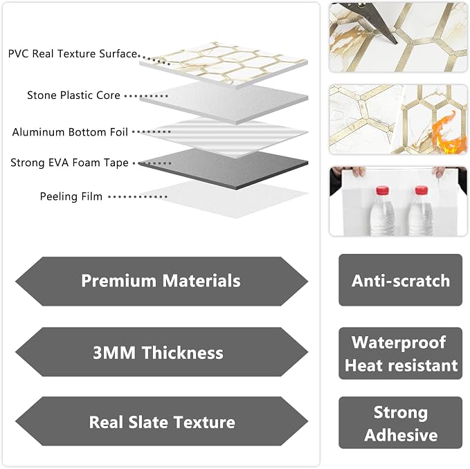 Vamos Tile Long Hexagon Peel and Stick Tile Backsplash - 10 Sheets Stick on Backsplash for Kitchen and Bathroom Calacatta Gold Mixed Metal Light Gold PVC Self Adhesive Mosaic Wall Tiles(Seamless) - Image 3