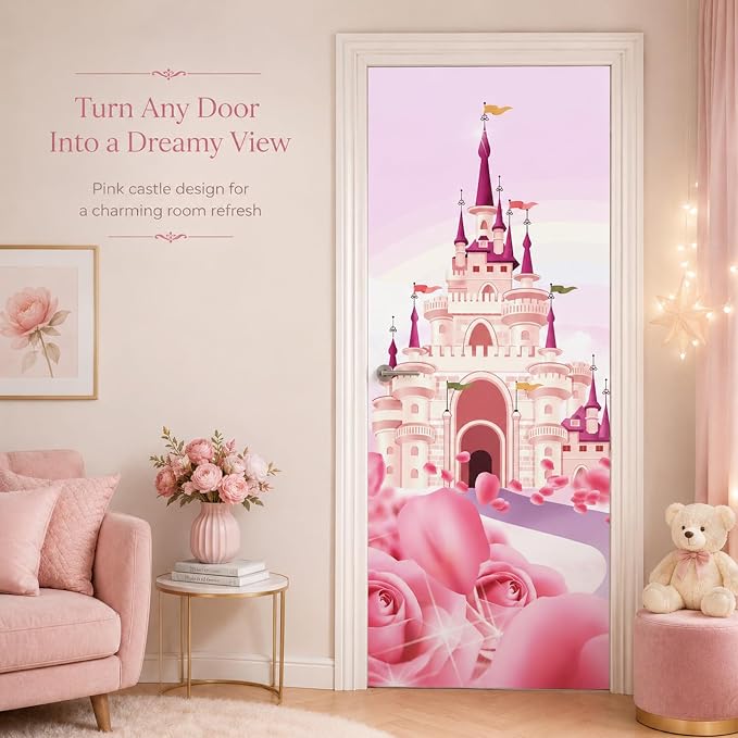 Door Stickers Peel Stick Murals-Wall Cover Decorative Decal Pink Castle | 30.3"W x 78.7"H, 3D Pink Castle Wallpaper，Waterproof Removable Opaque Vinyl Self Adhesive Fake Door Decor for Home Office - Image 2