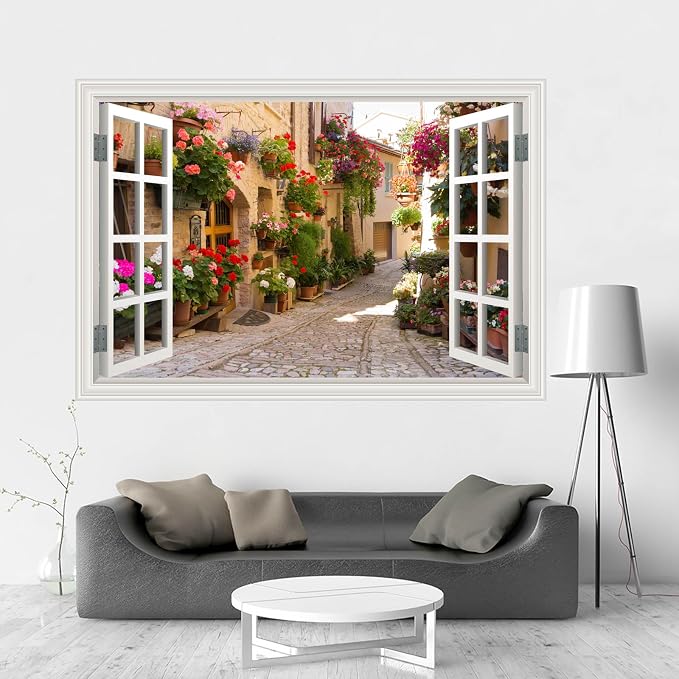 Fake Window Wall Decals Spring Italy Rose Alley Flower Wall Art Sticker | ｜Faux Window Natural Scenery Landscape Mural ｜ Stick and Peel Wall Decal｜Room Bedroom Office Decor｜Large Murals 66"x48" - Image 4