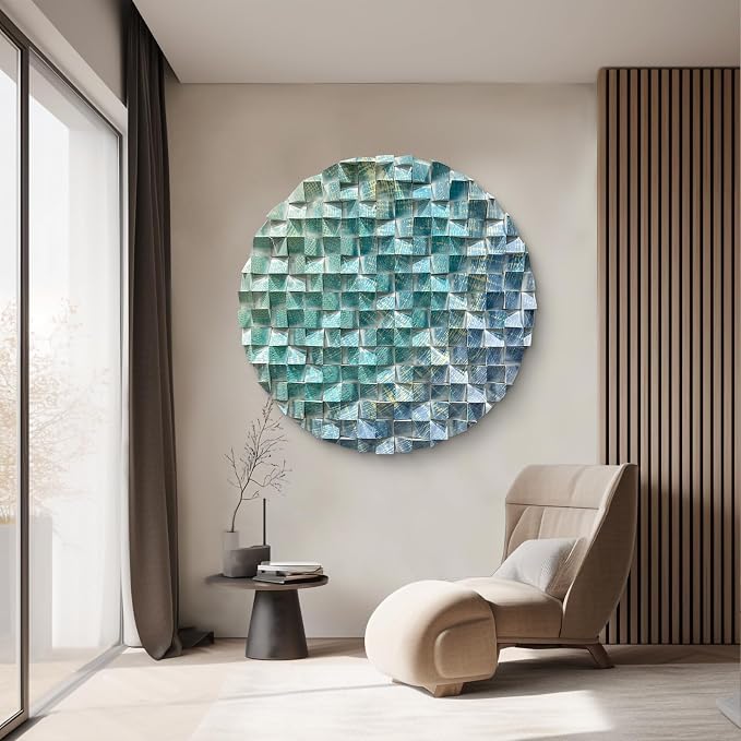 LIUZEYUE - Large blue-green-gold patterned triangular wooden block wall art piece. Modern living room eye-catching wooden decorative item 47.2" - Image 7