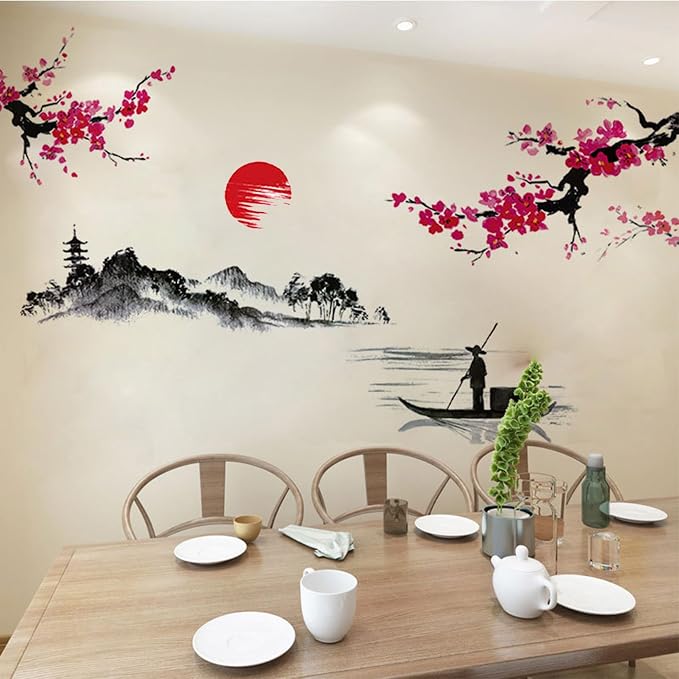 Large Japanese Wall Decor Stickers, BWCXXZH Red Cherry Blossom Tree Wall Murals Mountain River Fisherman Peel and Stick 3D Art Stickers for Girls Bedroom Nursery Living Room TV Home Decor - Image 7