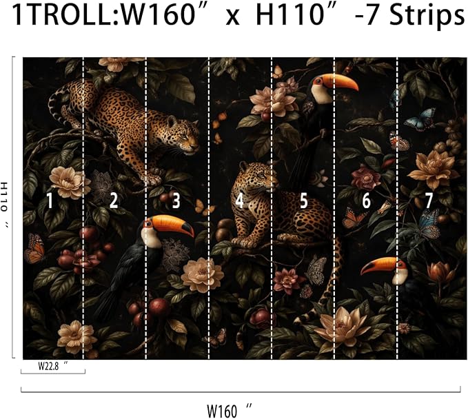 Dark Tropical Jungle Leopard Peel and Stick Wall Mural, Canvas Wallpaper | Large Removable Jungle Mural with Leopard, Toucan and Tropical Flowers for Living Room, Bedroom or Accent Wall Decor - Image 8