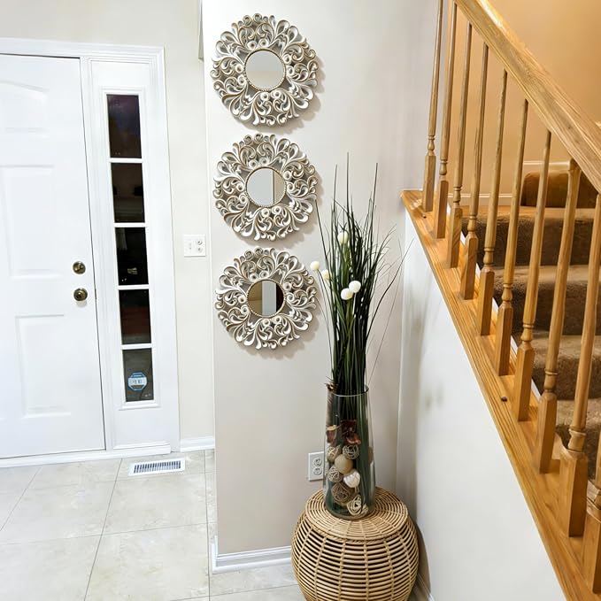 DXYAKY 3 Pack Floral Ornate Decorative Wall Mirror - Elegant White with Gold Accents, 9.8" Plastic Round Mirror Set, Lightweight Wall Art Décor for Bedroom, Bathroom, Living Room & Entryway - Image 5