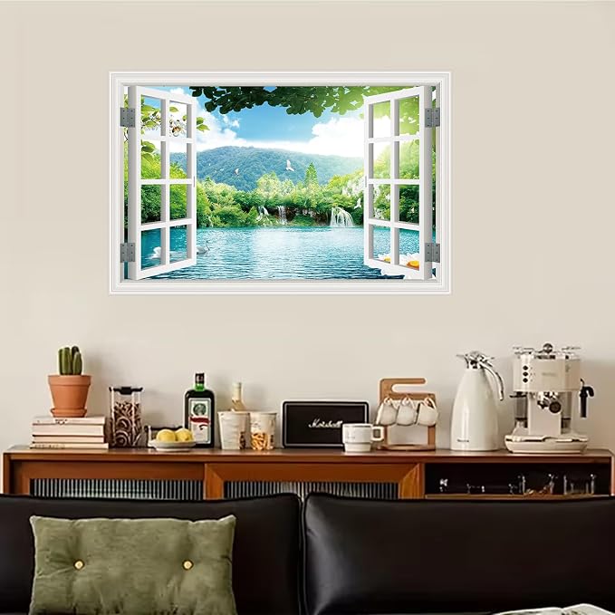 ‌Lmyhome Fake Window Wall Mural Spring Lake Landscape (64"x48") | Peel and Stick Faux Window Wall Sticker Decal Poster for Bedroom Home Decor - Image 8
