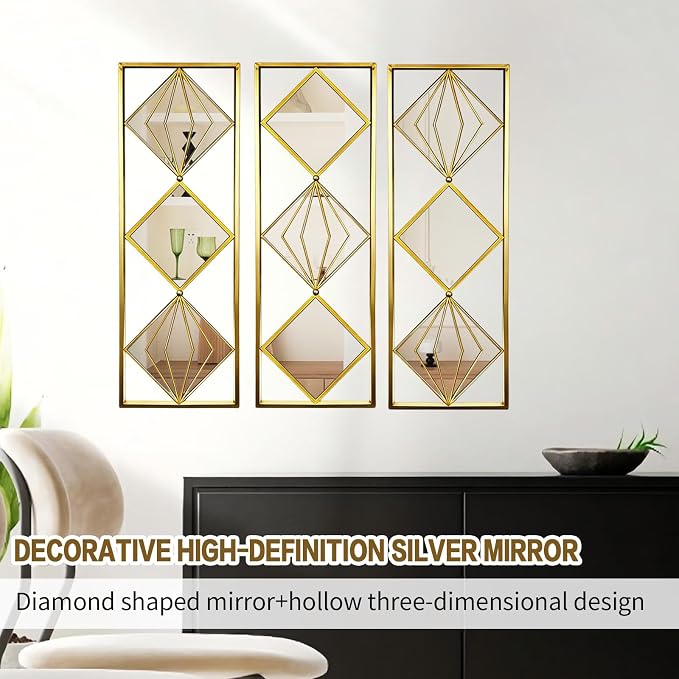 Set of 3 Large Gold wall Mirror Decor, Gold Rust Resistant Metal Frame Decorative Mirror, Rectangula Layout Wall Mount Mirror for Living Room Bedroom Entryway, Dual Use Decor Grooming - Image 7