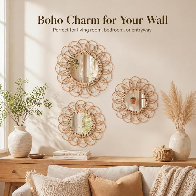 Vercraft 3 Pack Boho Rattan Mirror Wall Hanging Wicker Flower Decor - Image 6