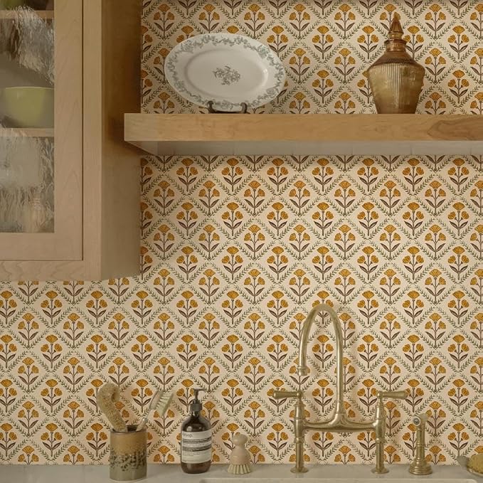 Dimoon 17.3''x78.7'' Peel and Stick Wallpaper Floral Cute Contact Paper Vintage Village Country Cottage Wallpaper Farmhouse Yellow Beige Renter Friendly Geometry Waterproof Embossed Kitchen Bedroom by DIYYOURMOON